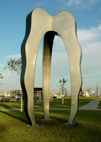 Image of large bronze and stainless steel sculpture.